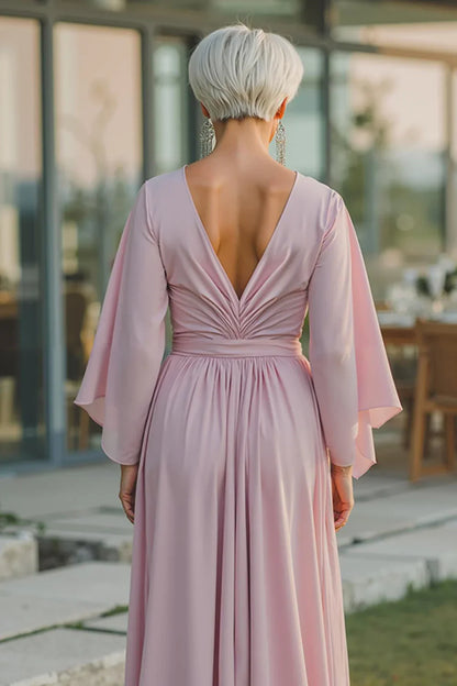 Simple A-Line V-Neck Flutter Sleeve Backless Floor-Length Mother of the Bride Dress