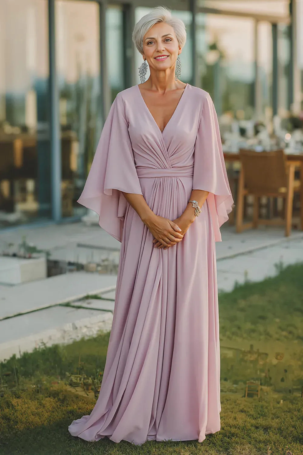 Simple A-Line V-Neck Flutter Sleeve Backless Floor-Length Mother of the Bride Dress