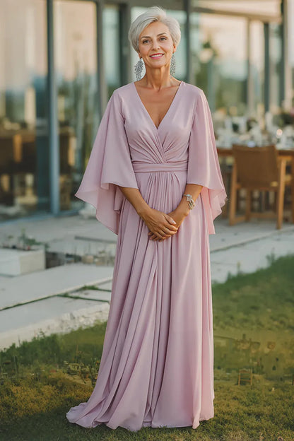 Simple A-Line V-Neck Flutter Sleeve Backless Floor-Length Mother of the Bride Dress