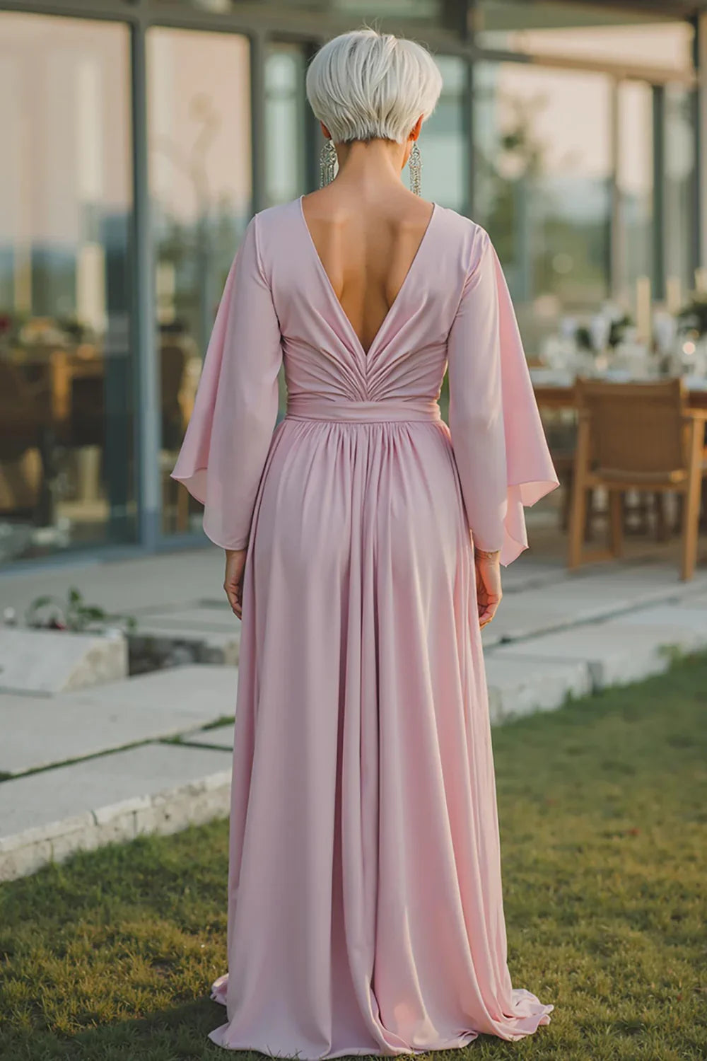 Simple A-Line V-Neck Flutter Sleeve Backless Floor-Length Mother of the Bride Dress