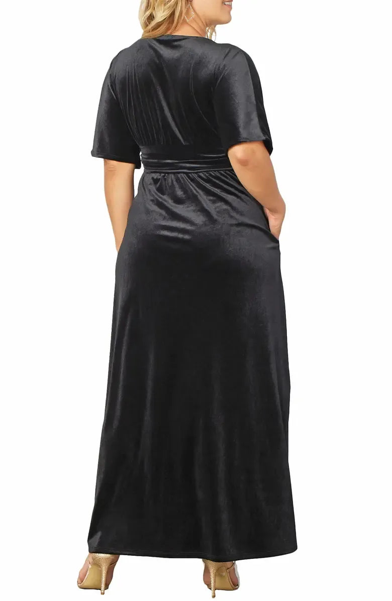 Simple A-Line V-neck Short Sleeves Velvet Floor-Length Plus Size Mother of the Bride Dress