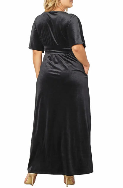 Simple A-Line V-neck Short Sleeves Velvet Floor-Length Plus Size Mother of the Bride Dress