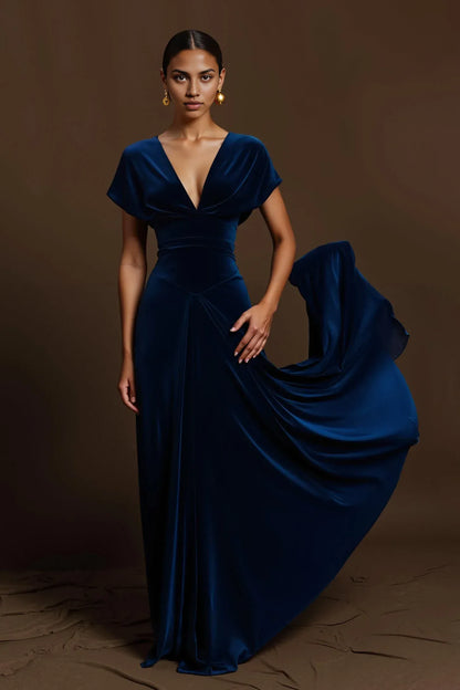 Simple A-Line V Neck Cap Sleeves Velvet Floor-Length Evening Dress