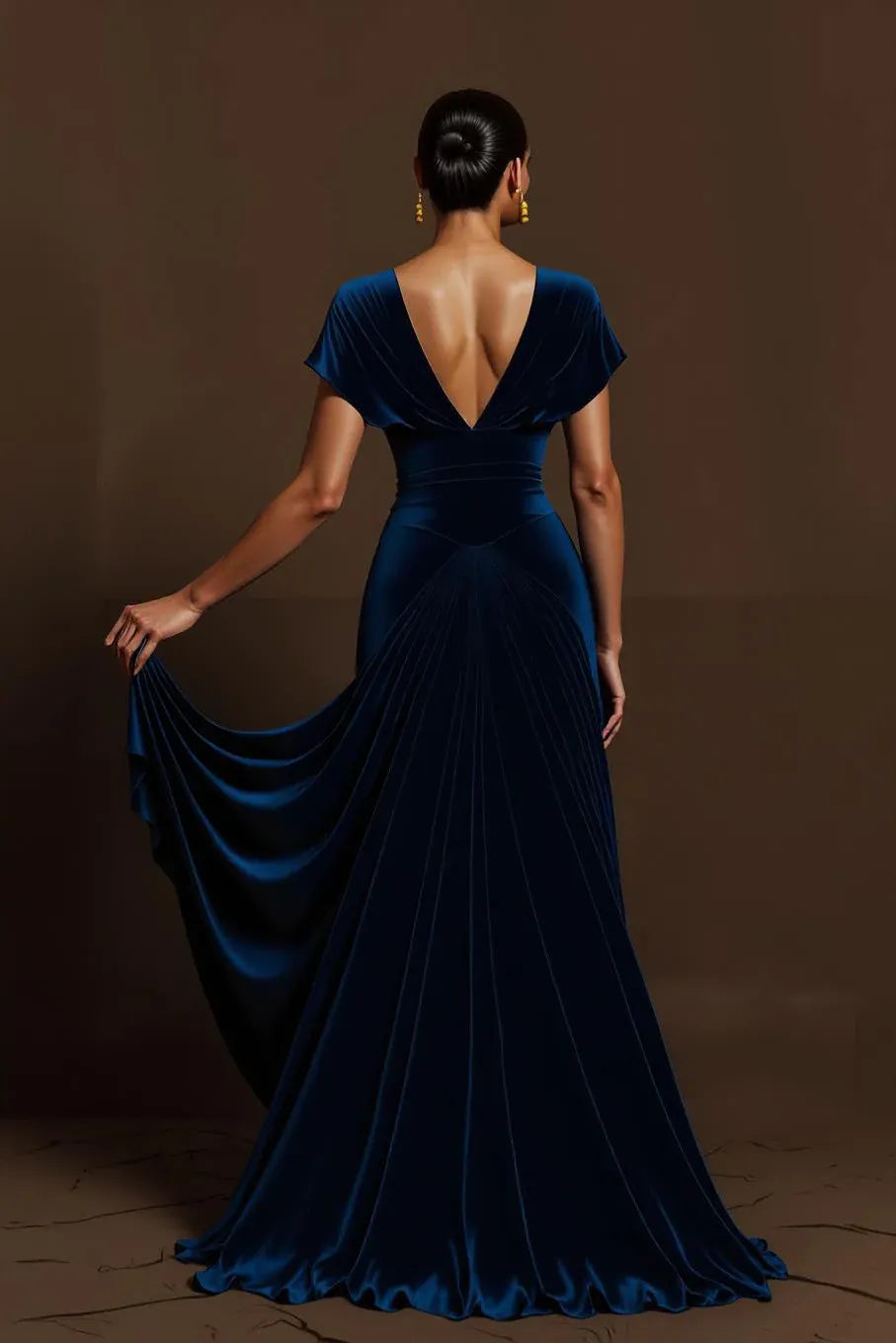 Simple A-Line V Neck Cap Sleeves Velvet Floor-Length Evening Dress