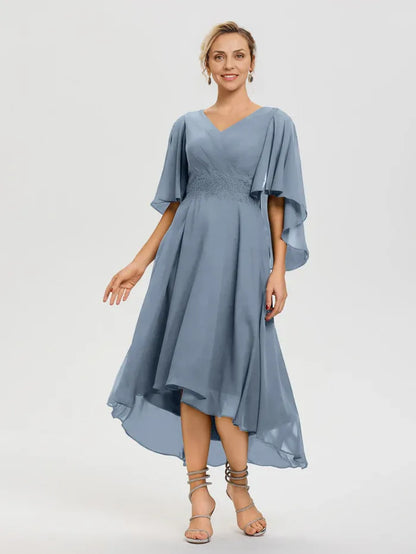 Simple A-Line V Neck Ruffle Sleeves Chiffon High-Low Mother of the Bride Dress