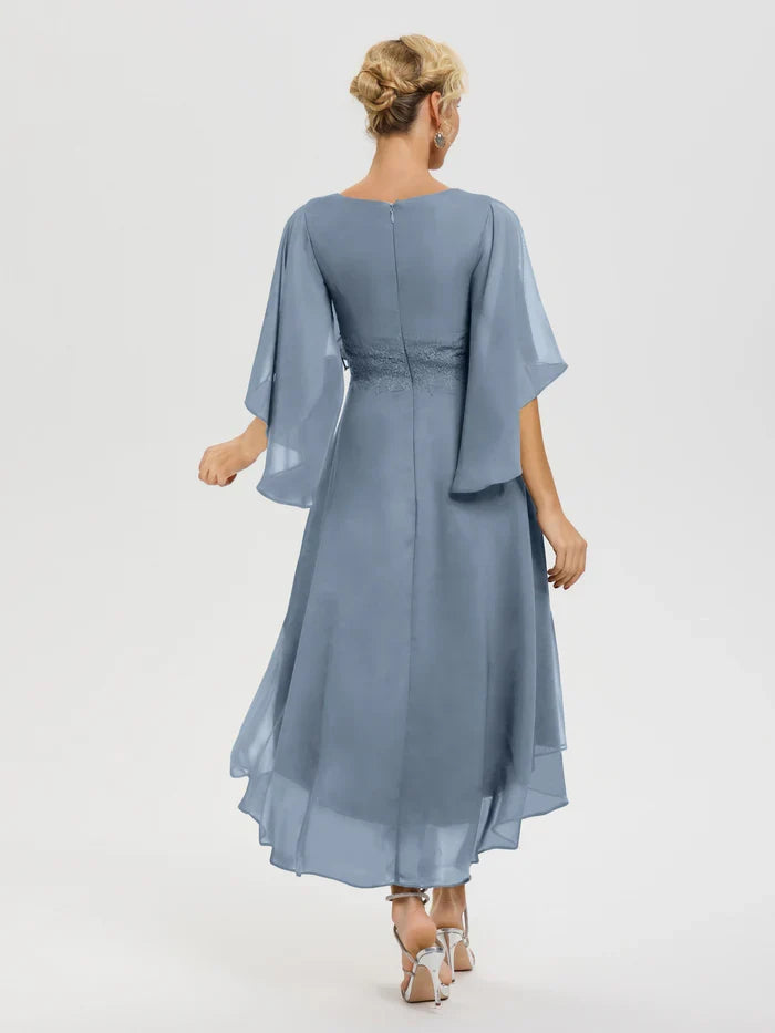 Simple A-Line V Neck Ruffle Sleeves Chiffon High-Low Mother of the Bride Dress