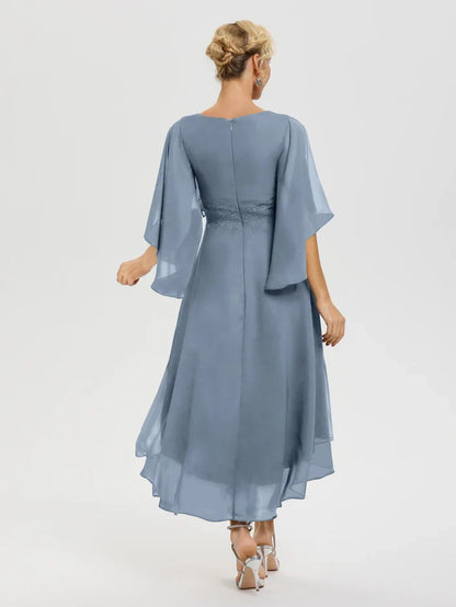 Simple A-Line V Neck Ruffle Sleeves Chiffon High-Low Mother of the Bride Dress