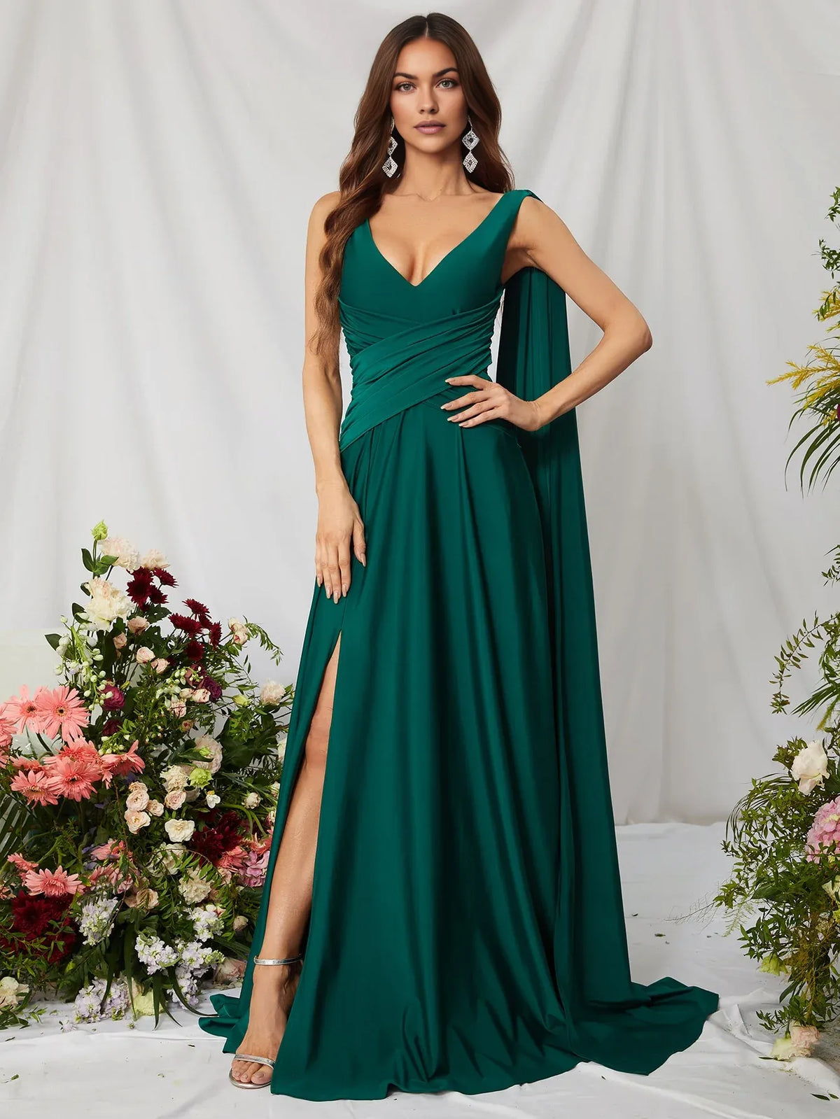 Simple A-Line V Neck Sleeveless Backless Sweep/Brush Train Prom Dress