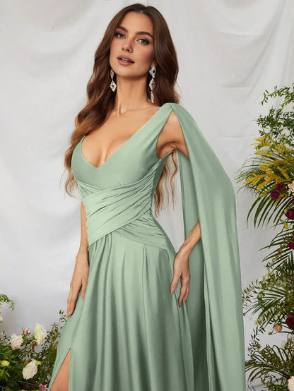 Simple A-Line V Neck Sleeveless Backless Sweep/Brush Train Prom Dress