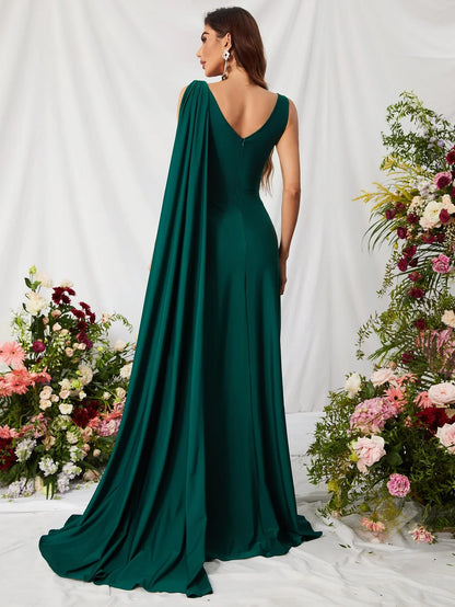 Simple A-Line V Neck Sleeveless Backless Sweep/Brush Train Prom Dress