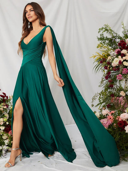 Simple A-Line V Neck Sleeveless Backless Sweep/Brush Train Prom Dress