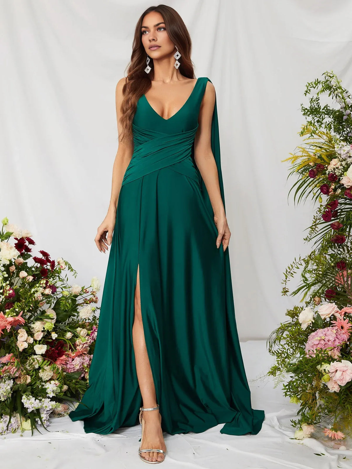 Simple A-Line V Neck Sleeveless Backless Sweep/Brush Train Prom Dress