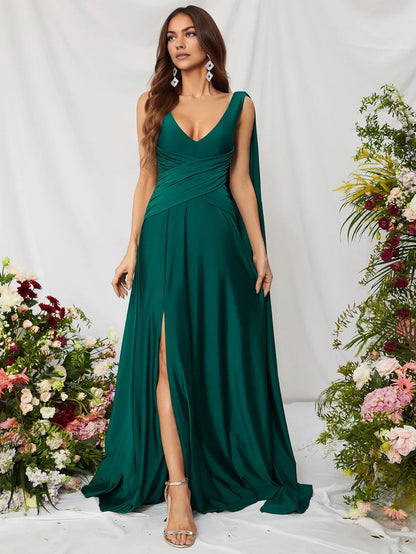 Simple A-Line V Neck Sleeveless Backless Sweep/Brush Train Prom Dress