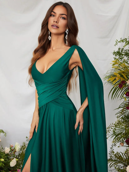 Simple A-Line V Neck Sleeveless Backless Sweep/Brush Train Prom Dress