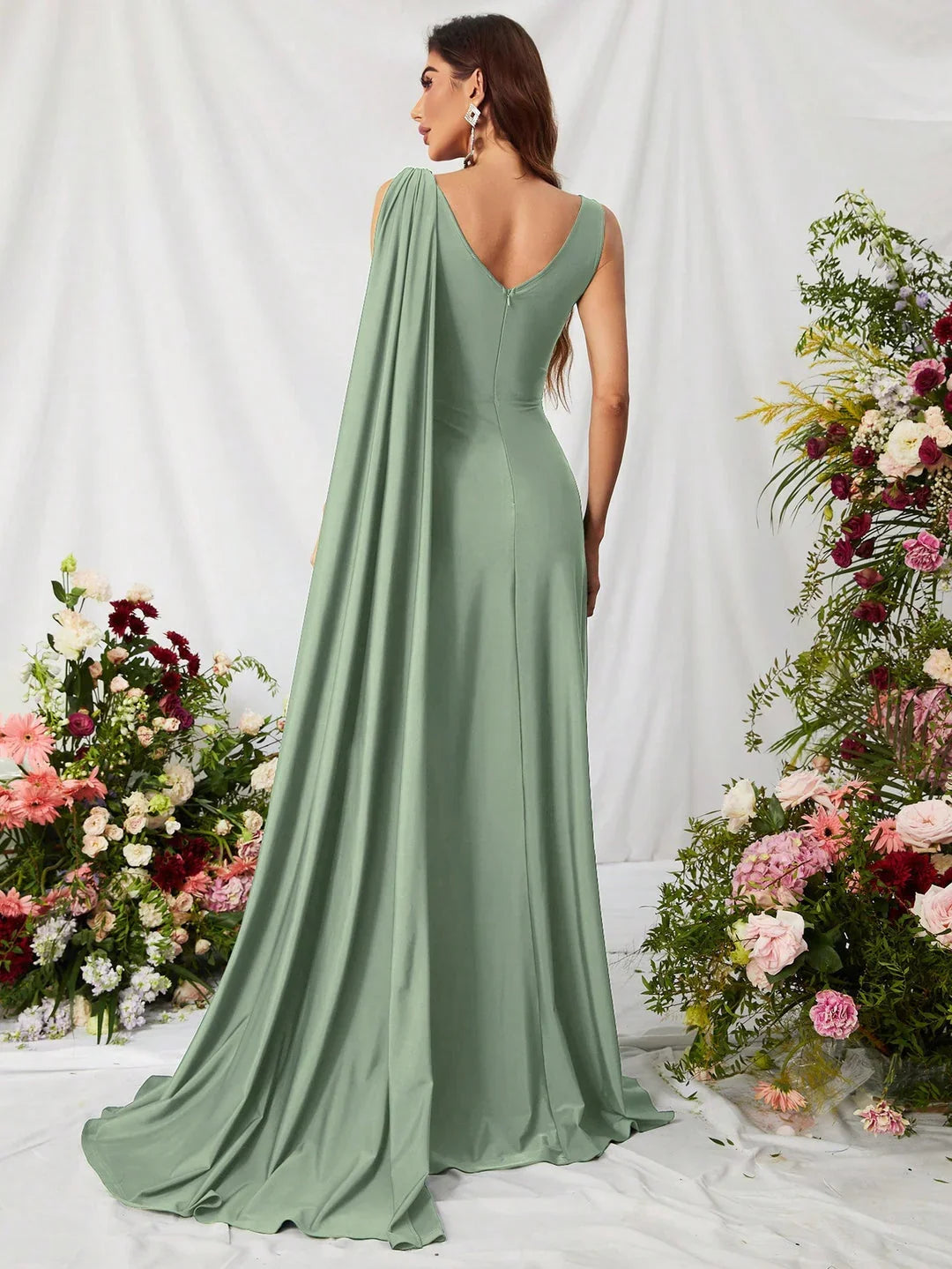 Simple A-Line V Neck Sleeveless Backless Sweep/Brush Train Prom Dress
