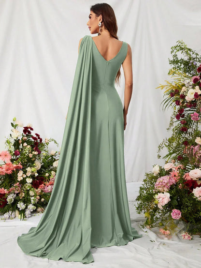 Simple A-Line V Neck Sleeveless Backless Sweep/Brush Train Prom Dress