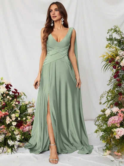 Simple A-Line V Neck Sleeveless Backless Sweep/Brush Train Prom Dress