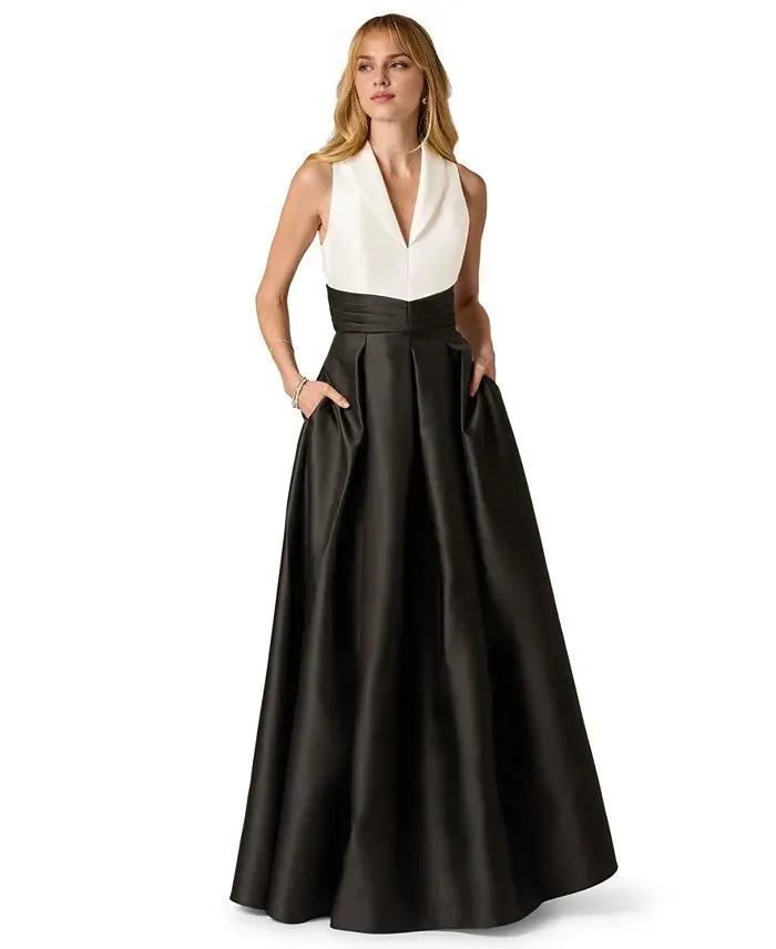 Simple A-Line V Neck Sleeveless Pleated Satin Floor-Length Prom Dress