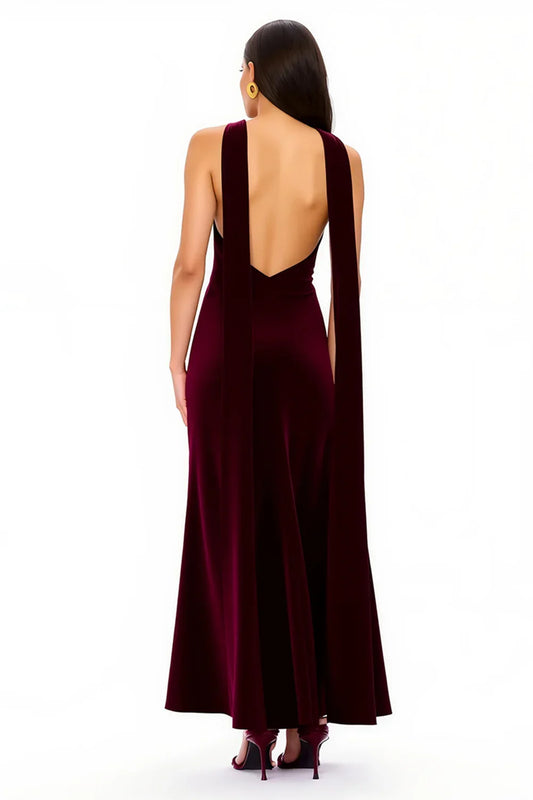 Simple A-Line V Neck Sleeveless Velvet Floor-Length Prom Dress