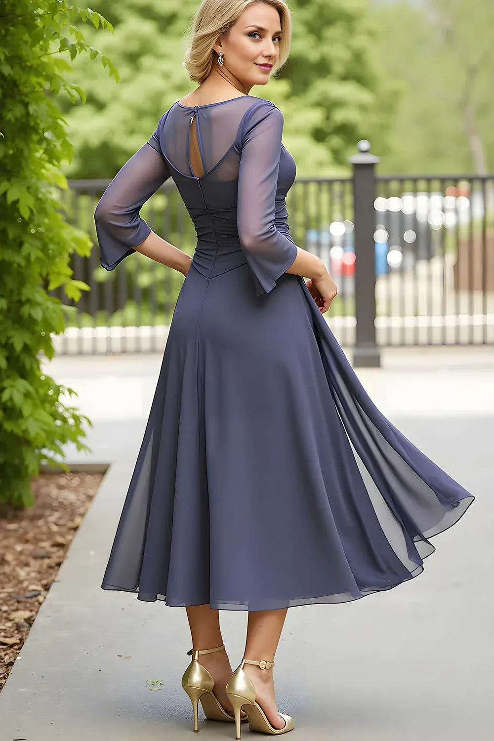 Simple A Line Boat Neck Long Sleeve Chiffon Ruched Tea-Length Mother of the Bride Dress