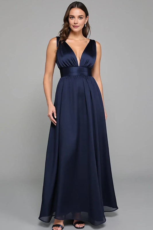 Simple A Line Deep V Neck Sleeveless Satin Floor-Length Prom Dress