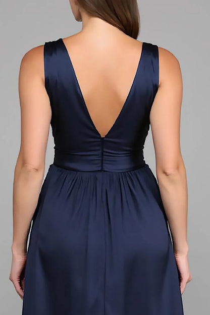 Simple A Line Deep V Neck Sleeveless Satin Floor-Length Prom Dress
