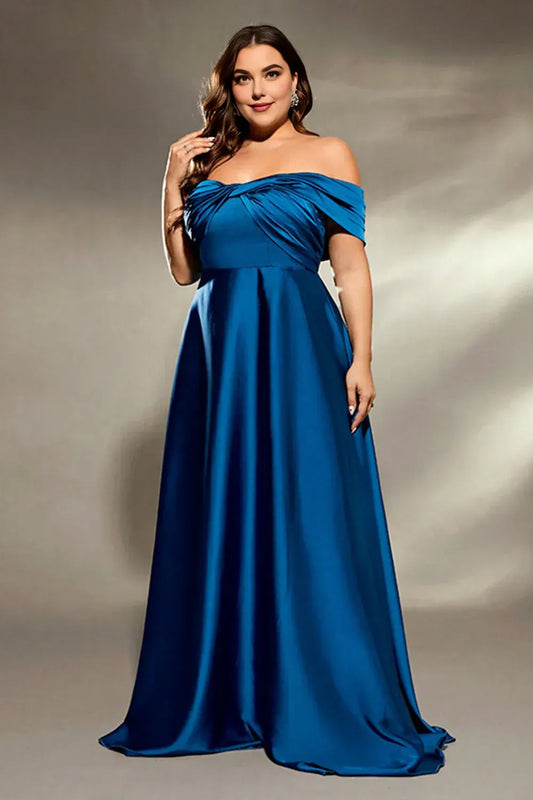Simple A Line Off the Shoulder Pleated Satin Sweep Train Plus Size Mother of the Bride Dress