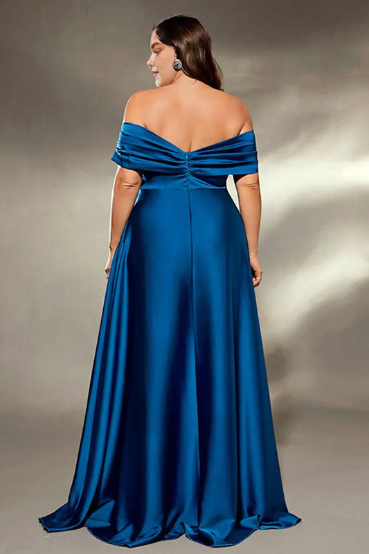 Simple A Line Off the Shoulder Pleated Satin Sweep Train Plus Size Mother of the Bride Dress