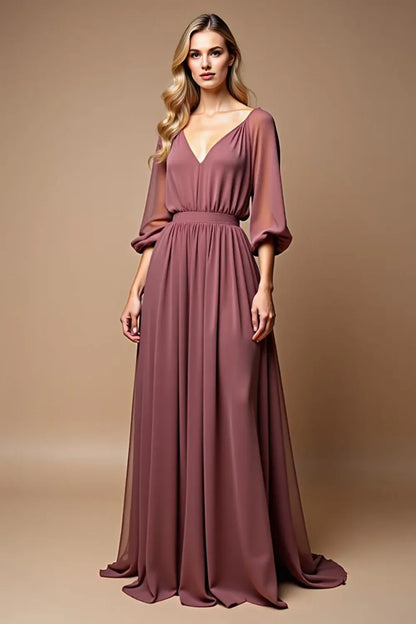 Simple A Line Scoop Neck Long Sleeves Backless Sweep/Brush Train Mother of the Bride Dress