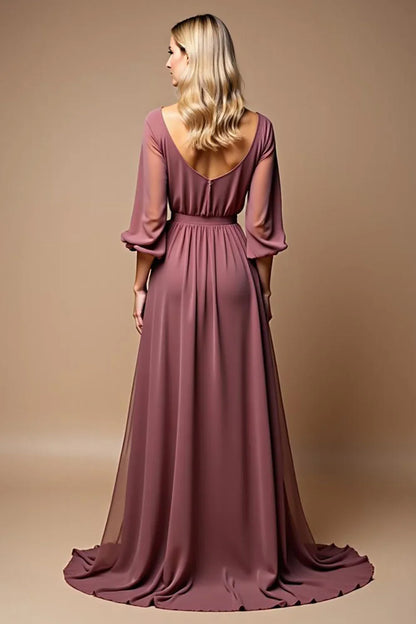 Simple A Line Scoop Neck Long Sleeves Backless Sweep/Brush Train Mother of the Bride Dress