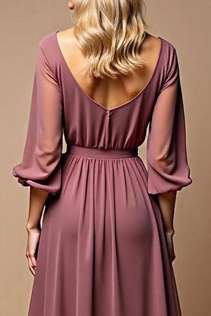 Simple A Line Scoop Neck Long Sleeves Backless Sweep/Brush Train Mother of the Bride Dress