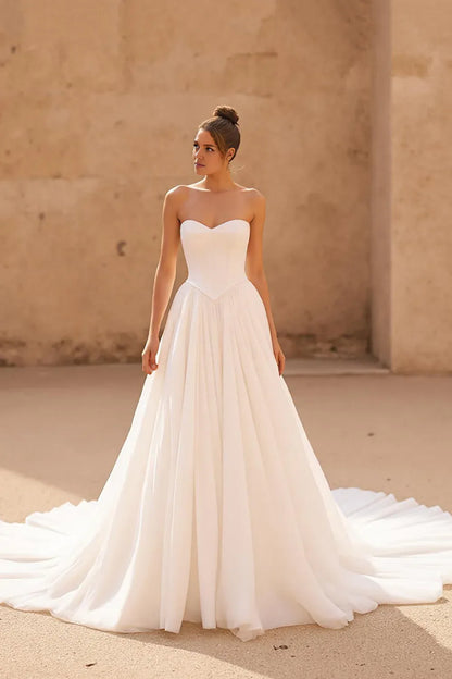 Simple A Line Sweetheart Sleeveless Pleated Lace Up Sweep Train Wedding Dress