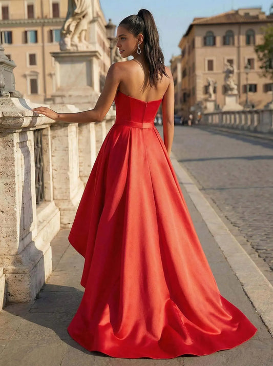 Simple Ball-Gown Strapless Sleeveless Pleated Satin Asymmetrical-Length Prom Dress