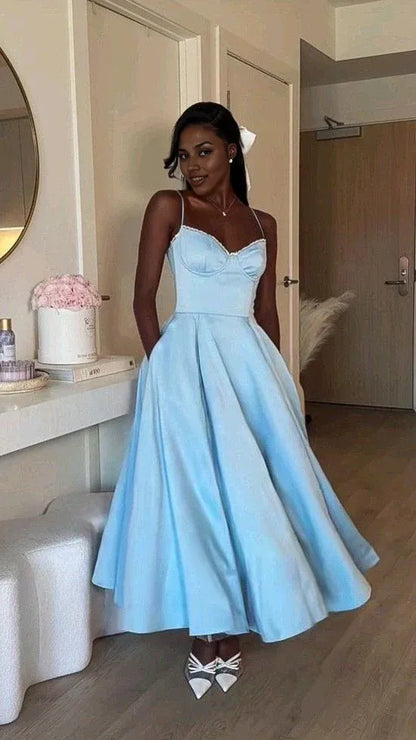 Simple Blue Satin Tea-Length Homecoming Dressess Spaghetti Straps