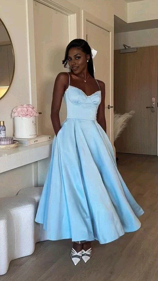 Simple Blue Satin Tea-Length Homecoming Dressess Spaghetti Straps