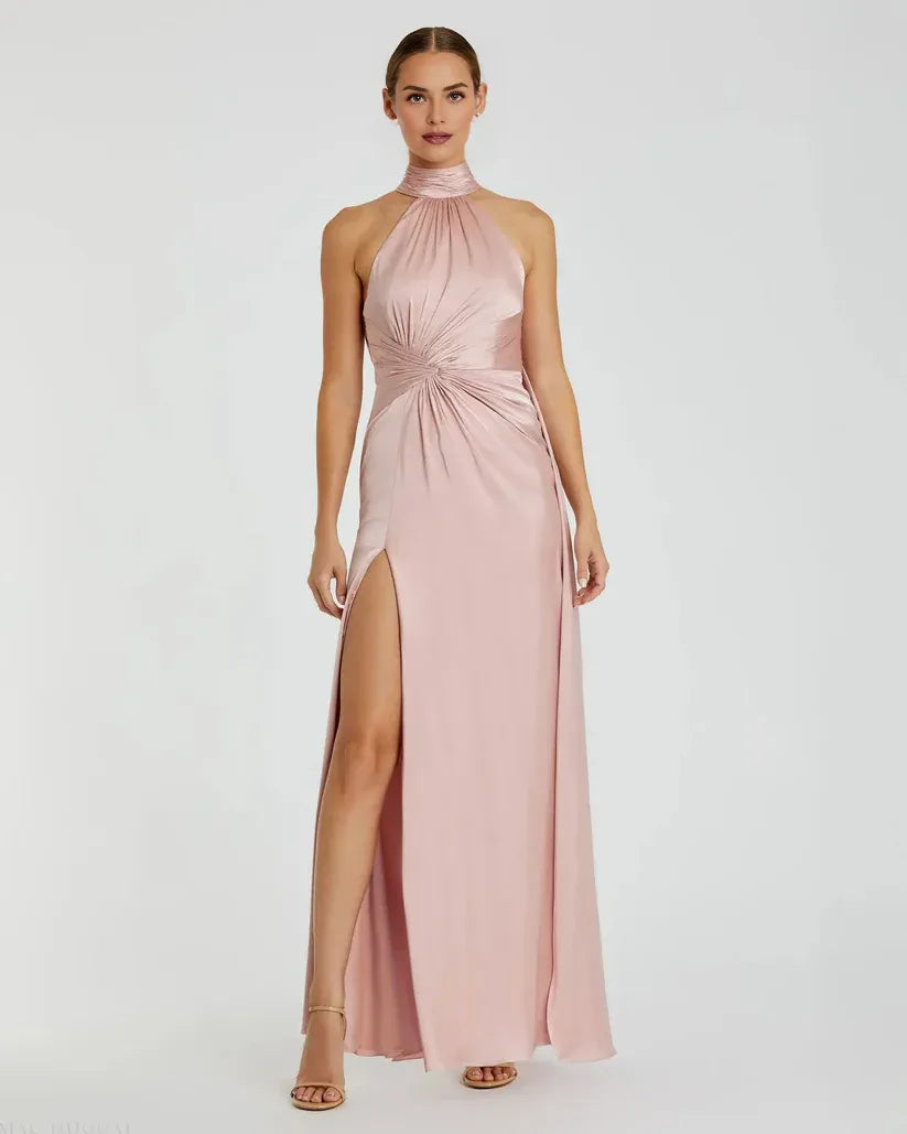 Simple Bodice High Neck Sleeveless Open Back Floor-Length Prom Dress