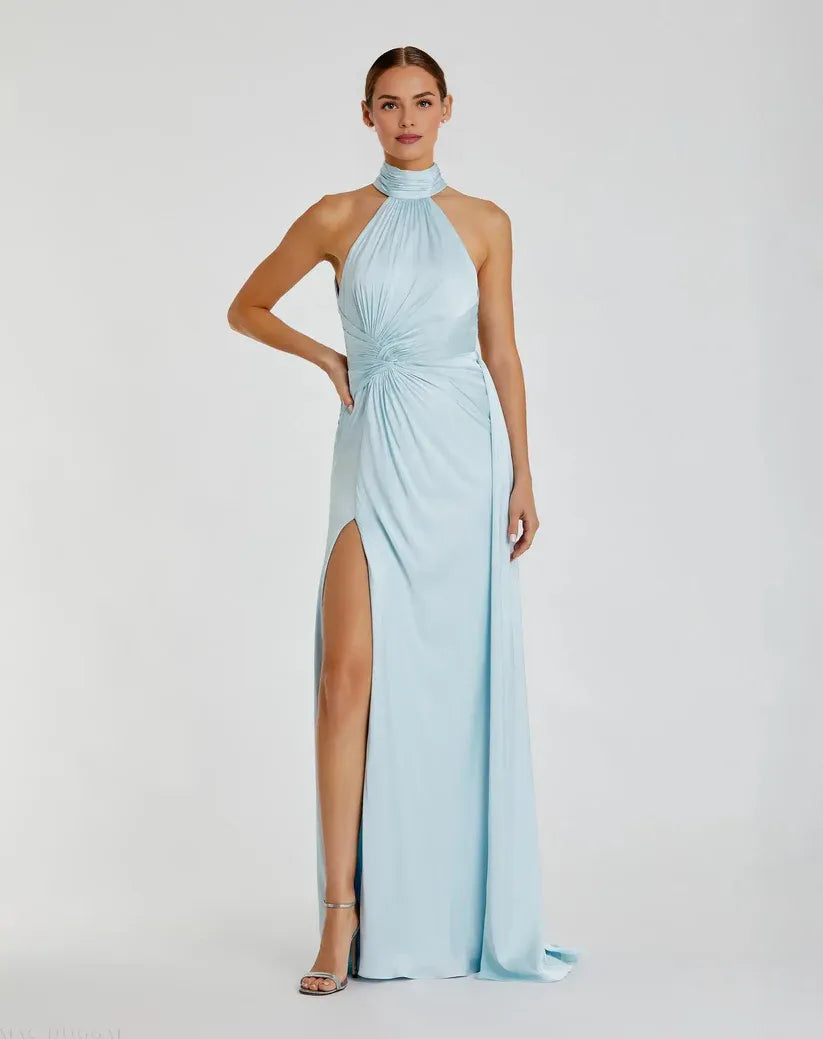 Simple Bodice High Neck Sleeveless Open Back Floor-Length Prom Dress