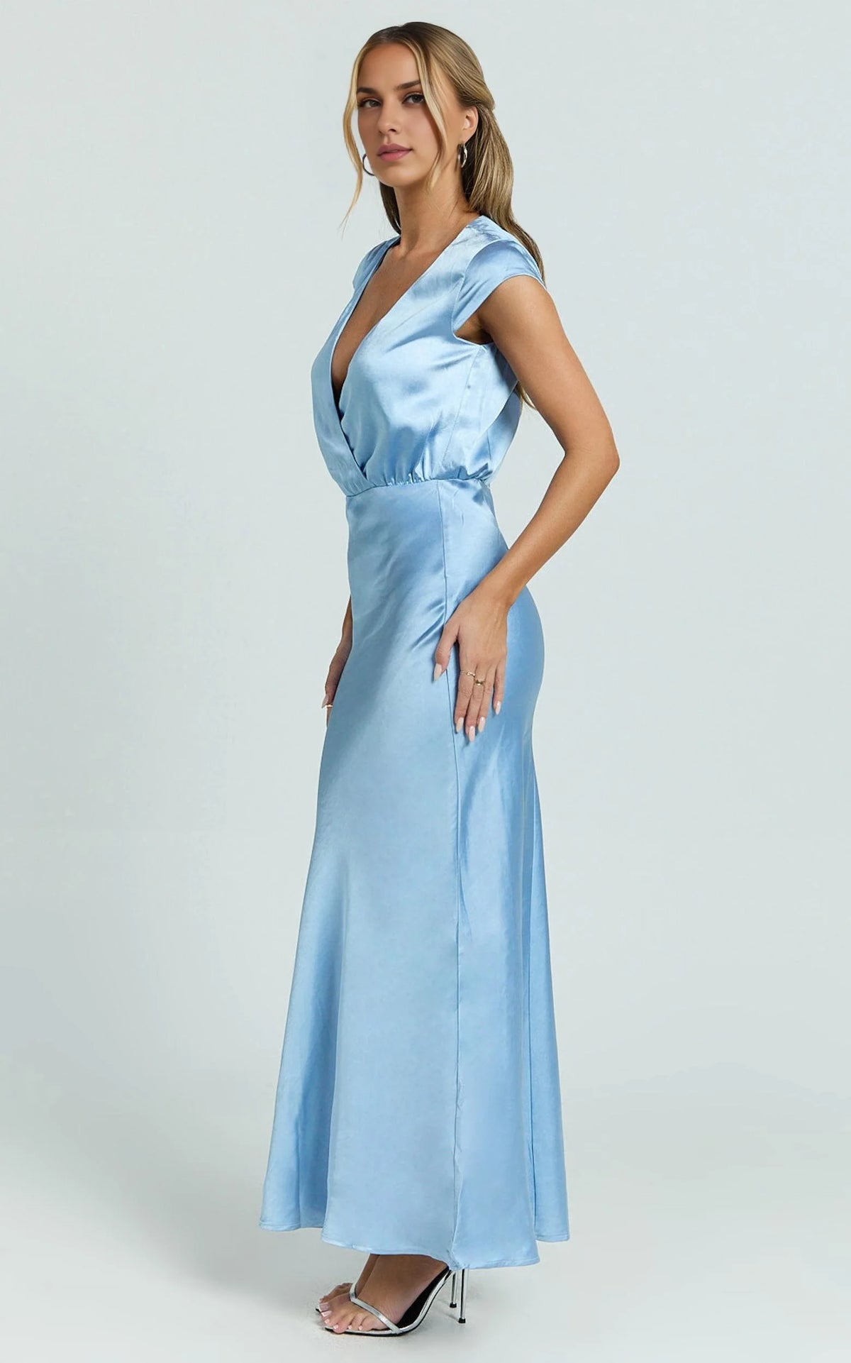 Dress Simple Cap Sleeve V Neck Maxi Dress Satin Full Coverage Back Blue Mermaid Evening Dress