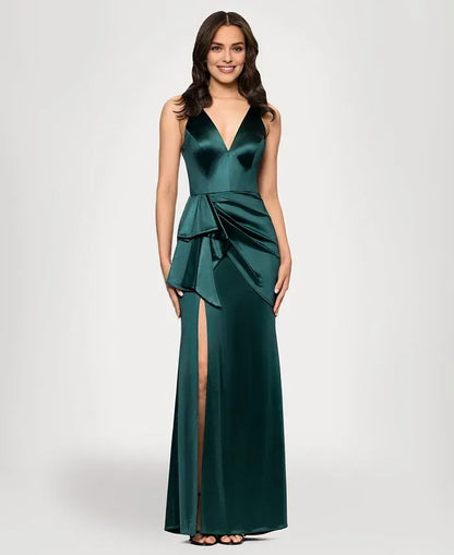 Simple Column V Neck Sleeveless Ruffles Satin Floor-Length Prom Dress