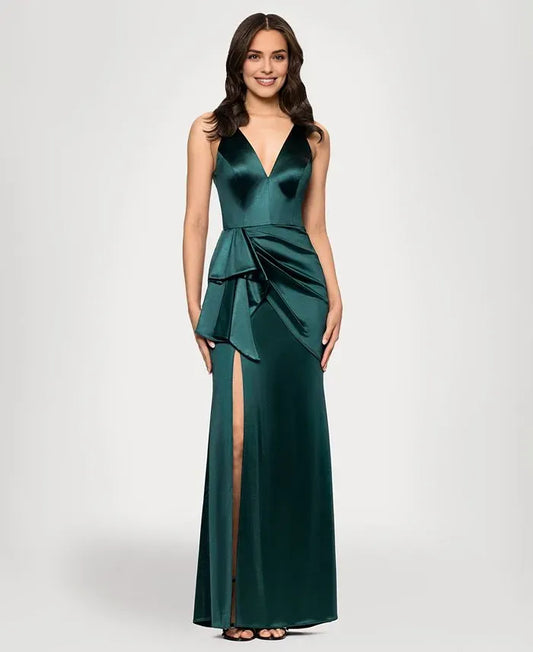 Simple Column V Neck Sleeveless Ruffles Satin Floor-Length Prom Dress