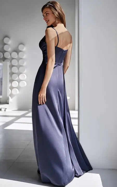 Simple Cowel Sheath Satin Floor-length Prom Dress with Ruching and Split Front/Formal Wear Dresses