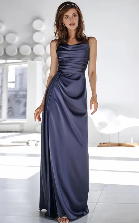 Simple Cowel Sheath Satin Floor-length Prom Dress with Ruching and Split Front/Formal Wear Dresses