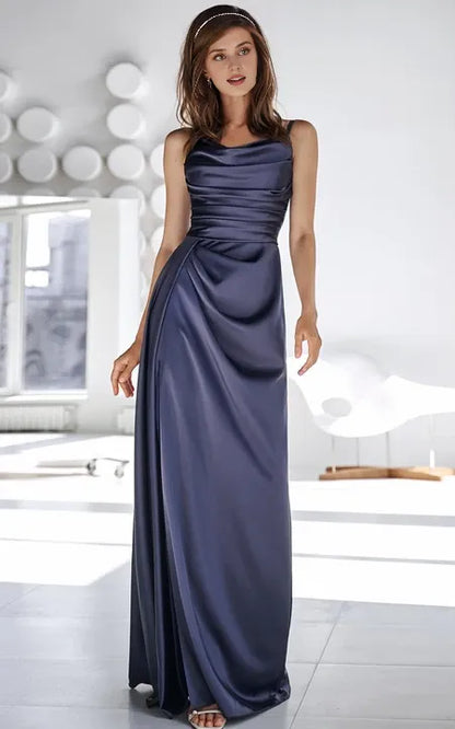 Simple Cowel Sheath Satin Floor-length Prom Dress with Ruching and Split Front/Formal Wear Dresses