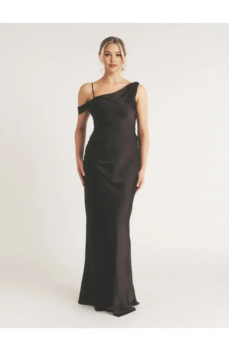 Simple Fitted Asymmetric Neck Sleeveless Satin Floor-Length Prom Dress