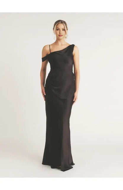 Simple Fitted Asymmetric Neck Sleeveless Satin Floor-Length Prom Dress