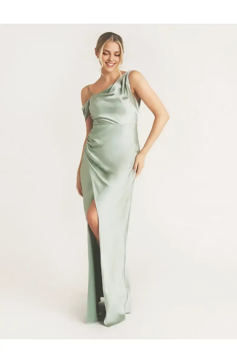 Simple Fitted Asymmetric Neck Sleeveless Satin Floor-Length Prom Dress