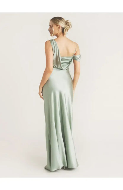 Simple Fitted Asymmetric Neck Sleeveless Satin Floor-Length Prom Dress