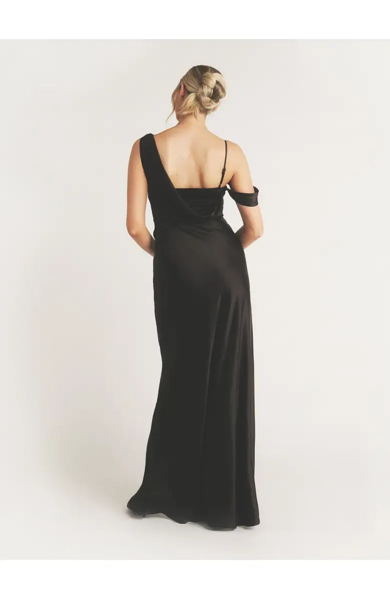 Simple Fitted Asymmetric Neck Sleeveless Satin Floor-Length Prom Dress