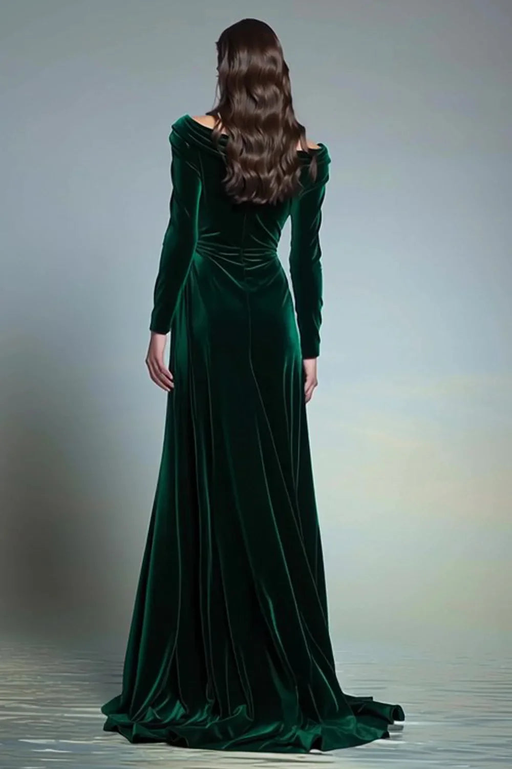 Simple Fitted Boat-Neck Long Sleeve Velvet Sweep/Brush Train Evening Dress