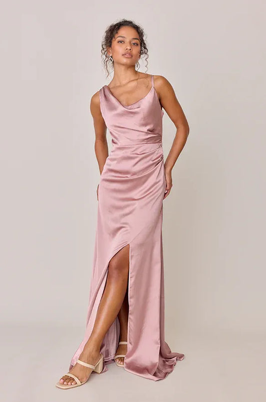 Simple Fitted Cowl Neck Sleeveless Satin Floor-Length Prom Dress